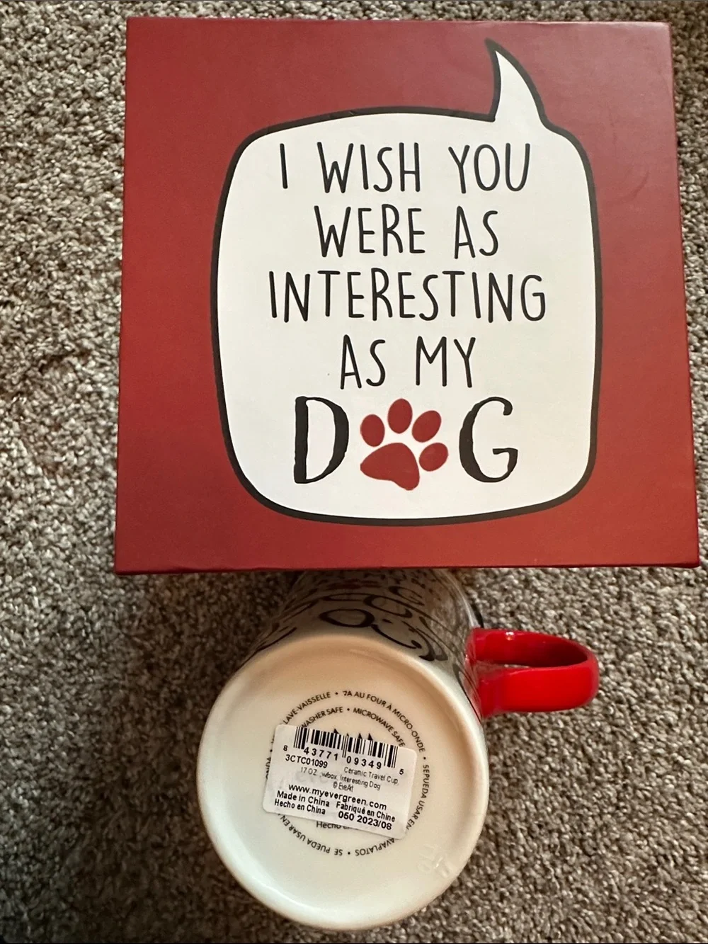 Ceramic Mug for dog lovers with Red Handle and Paw Accent